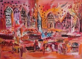 La ville du passé - tableau abstrait rouge moderne ville