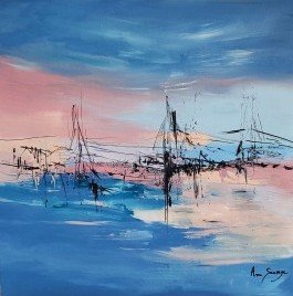 La femme de l'eau - tableau abstrait moderne bleu rose pastel